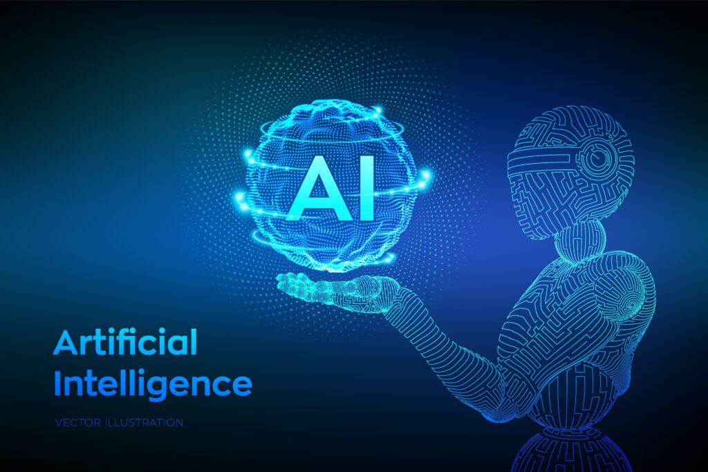 AI. Artificial intelligence. Wireframe robot. AI in robotic hand. Machine learning and cyber mind domination concept. Technology sci-fi concept. Graphic design concept of future. Vector illustration